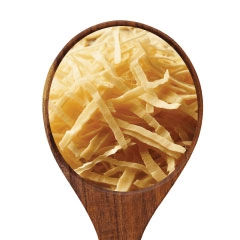  A spoonful of potato shreds on a white background .